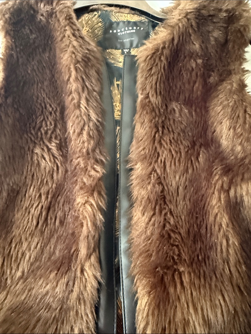 Sanctuary Brown Faux Fur Vest with Gold Patterned Lining - Picture 5 of 5